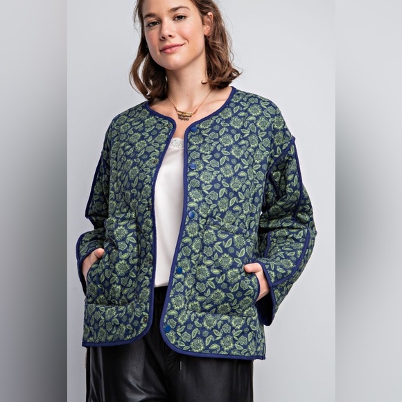 Jackets & Blazers - Floral Quilted Jacket - Green